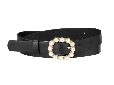 Allegra K- Pearl Waistband Skinny Leather Pin Buckle Belt