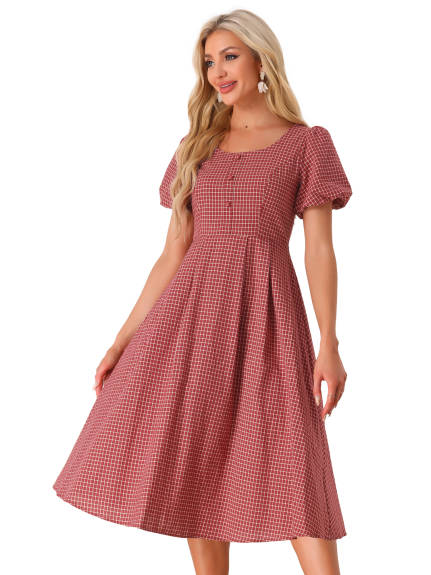 Allegra K - Summer Button Decor Plaid Pleated Dress