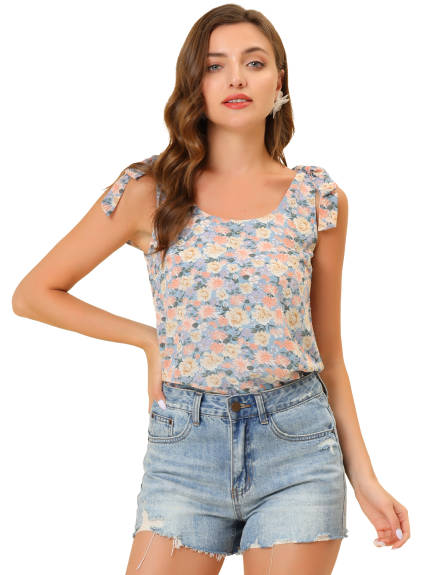 Allegra K- Floral Tie Straps Chiffon Tank Top