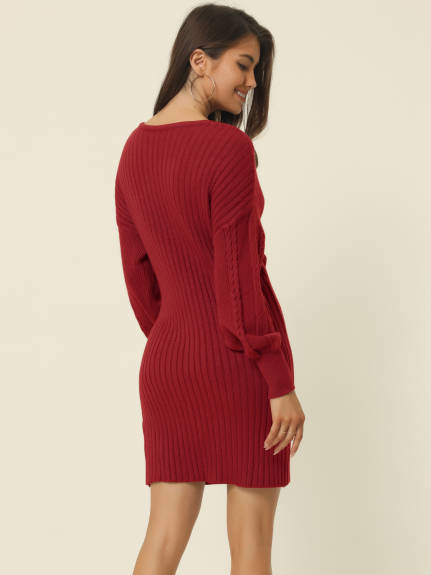 Allegra K- Deep V Neck Wrap Lantern Sleeve Slim Fit Mini Sweater Dress