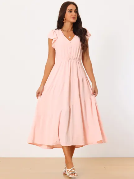 Allegra K - Flutter Sleeve Summer Tiered Maxi Dress