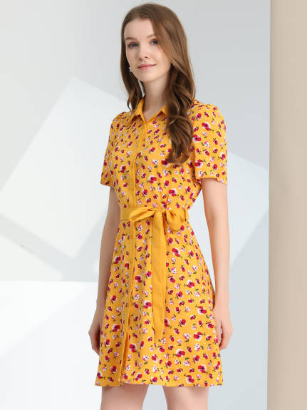 Allegra K- Short Sleeve Contrast Collar Belted Floral Shirt Dress