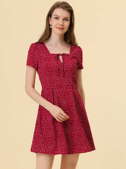 Allegra K- Printed Square Neck Short Sleeve A-Line Dress