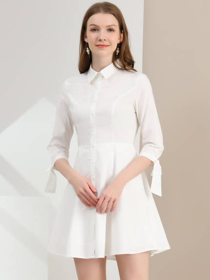 Allegra K- Turn Down Collar Cotton Shirt Dress