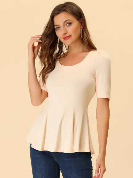 Allegra K- Stretchy Pad Shoulder Scoop Neck Flare Peplum Blouse