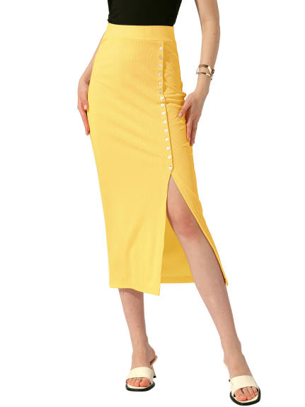 Allegra K - Side Split Ribbed Knit Pencil Skirt