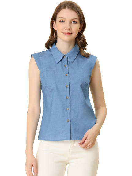 Allegra K- Cap Sleeve Turn Down Collar Shirt