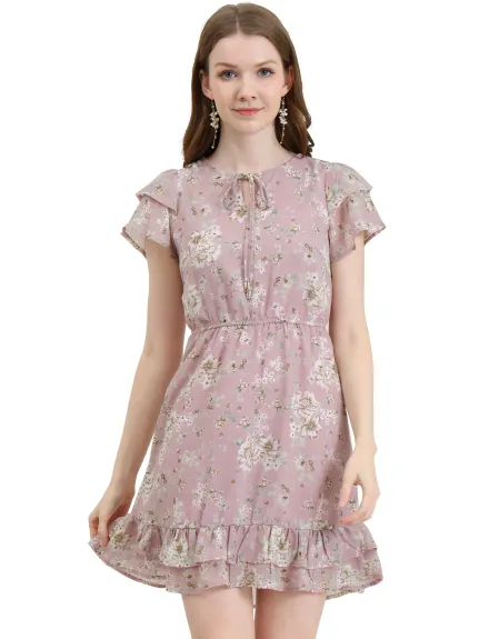 Allegra K- Ruffle Sleeve Self-Tie V Neck A-Line Floral Chiffon Dress