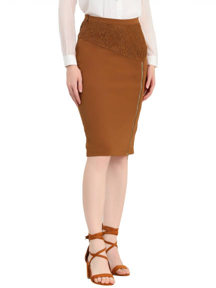 Allegra K- Zip Slit Lace Panel Knee Length Pencil Skirt