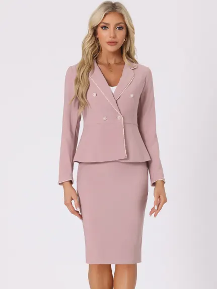 Allegra K- 2 Pieces Suit Tweed Trim Blazer Jacket and Skirt Set