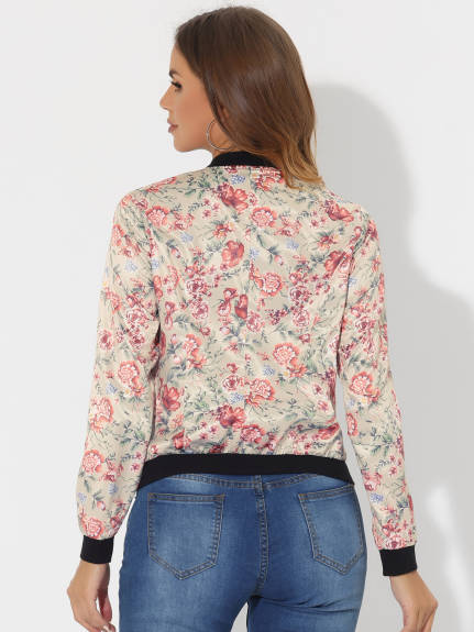 Allegra K- Stand Collar Zip up Print Crop Bomber Jacket