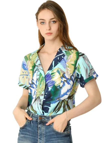 Allegra K - Chemise boutonnée à feuilles florales tropicales de plage