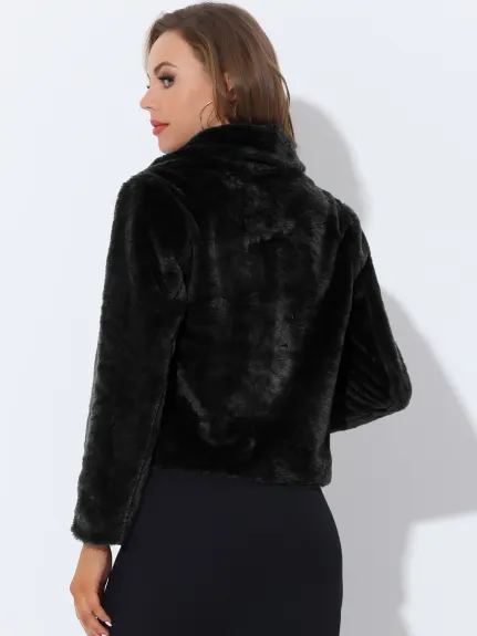 Allegra K- Notch Lapel Faux Fur Fluffy Cropped Coat