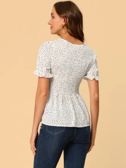 Allegra K- Smocked Polka Dots Peplum Blouse