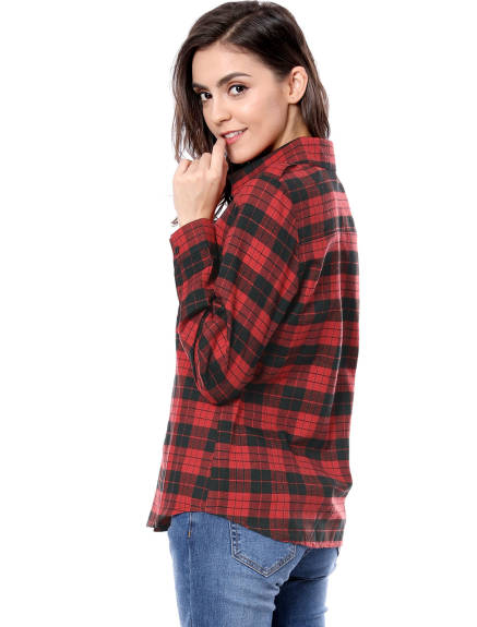 Allegra K- Roll Up Button Down Flannel Shirt