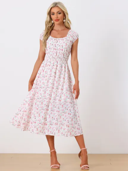 Allegra K - Floral Square Neck Flare Midi Dress