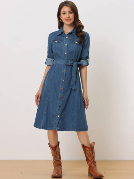 Allegra K - Long Sleeve Button Down Belted Denim Dress