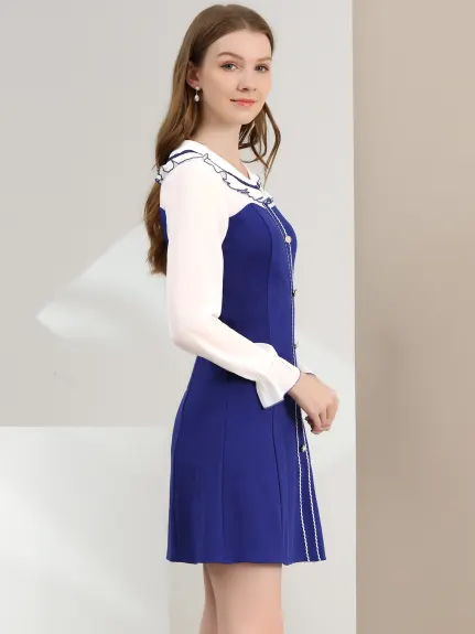 Allegra K- Doll Collar Color Block Long Sleeve Chiffon Dress