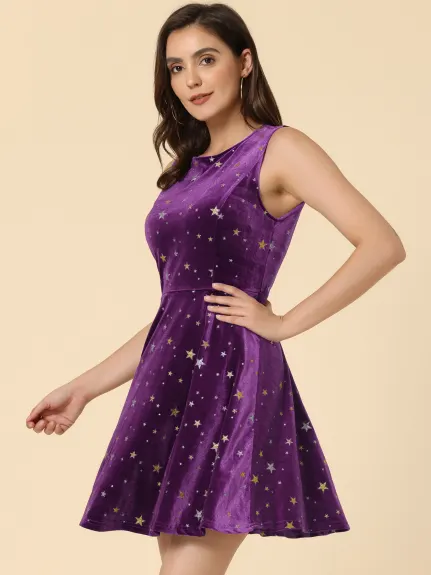 Allegra K- Stars Velvet Round Neck Sleeveless Mini Dress