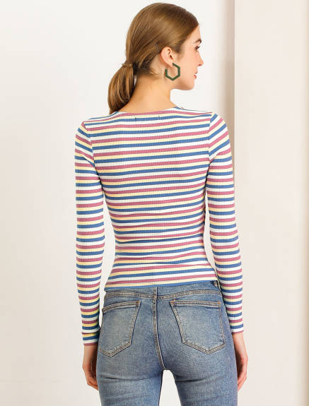 Allegra K- Stripe Rainbow Color Slim Long Sleeve Knit T-Shirt