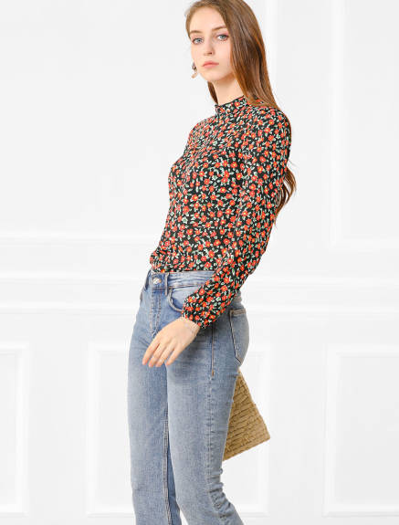 Allegra K- Stand Collared Long Sleeve Floral Top