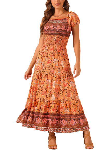 Allegra K- Boho Off-Shoulder Floral Smocked Dress