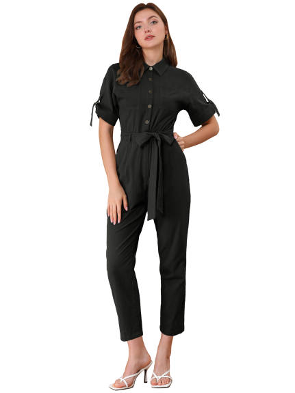 Allegra K- Turndown Collar Button up Tie Waist Cargo Jumpsuit