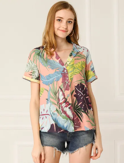 Allegra K- Beach Tropical Floral Leaves Button Down Shirt