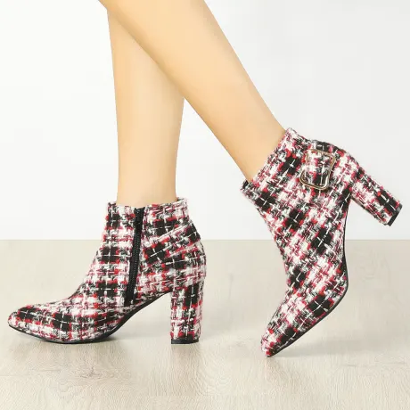 Allegra K - Plaid Point Toe Side Zip Buckle Ankle Boots