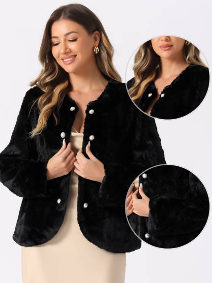 INSPIRE CHIC - Pearl Button Faux Fur Coat Jacket