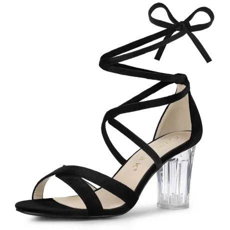 Allegra K - Velvet Lace-Up Clear Block Heel Sandals