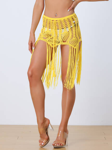 Allegra K- Crochet Summer Beach Swimsuit Tassel Cover-Up Skirt