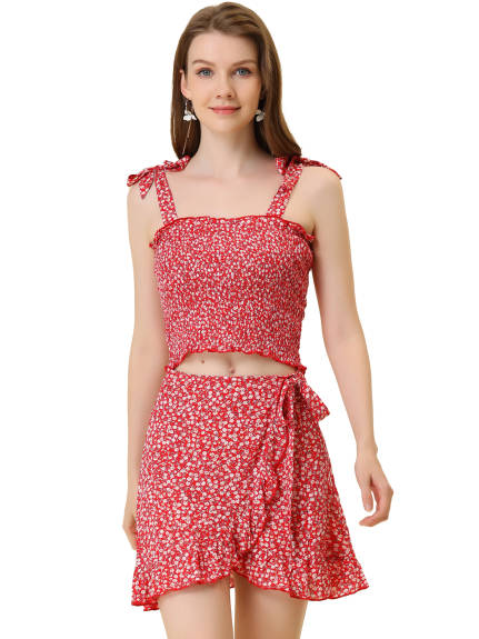 Allegra K- Floral Tie-Up Smocked Crop Blouse and Wrap Mini Skirt Set