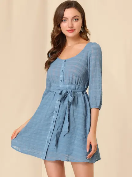 Allegra K- Button Down Tie Waist Textured Checked Dress