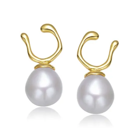 Genevive Sterling Silver 14k Gold Plated with Genuine Freshwater Pearl Hook Earrings