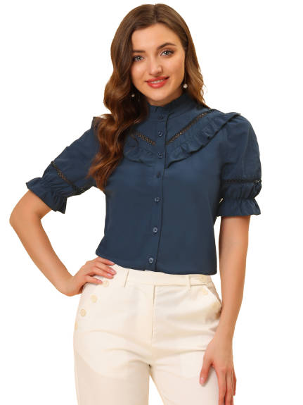 Allegra K - Button Down Cotton Ruffle Neck Shirt