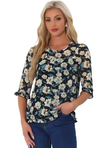 Allegra K- Blouse florale en mousseline à manches 3/4 et à volants