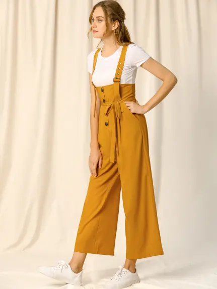 Allegra K- Wide Leg Belted Button Jumpsuit Overall