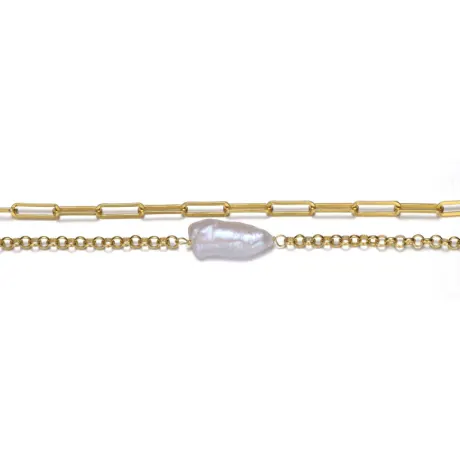 Genevive Sterling Silver 14k Gold Plated with Genuine Freshwater Pearl Cable Rolo Chain Double Layer Bracelet