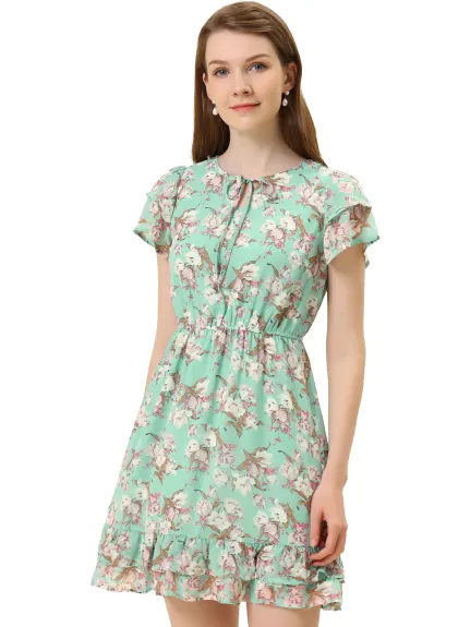 Allegra K- Ruffle Sleeve Self-Tie V Neck A-Line Floral Chiffon Dress