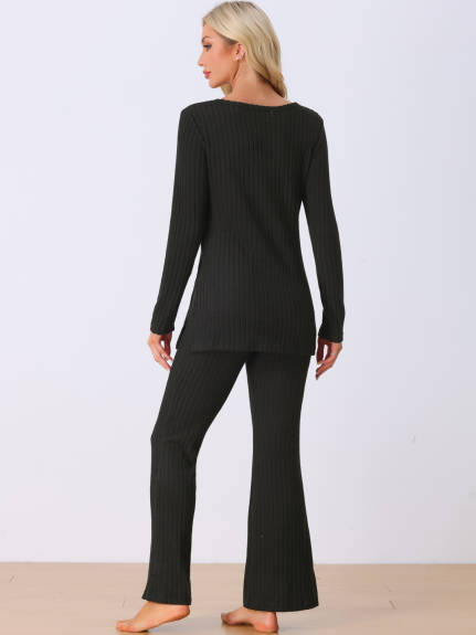 Cheibear - Ribbed Knit Long Sleeve Lounge Pajama Set