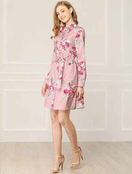 Allegra K- Lapel Button Down Belted Floral Shirt Dress