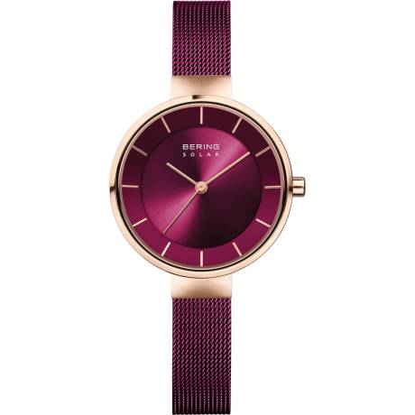 BERING - Montre solaire pour femme en acier inoxydable de 31 mm en or rose/violet