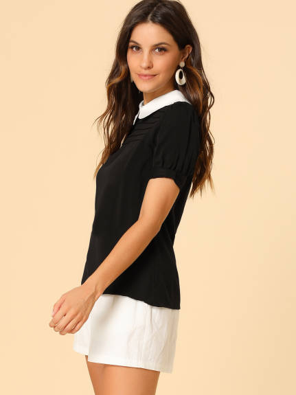 Allegra K- Pan Collar Puff Short Sleeve Pleated Blosue