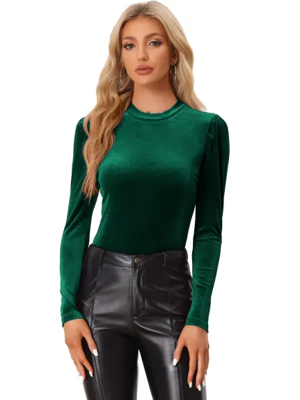 Allegra K- Glitter Velvet Mock Neck Puff Long Sleeve Top