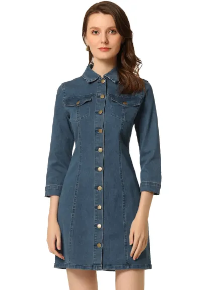 Allegra K- Robe chemise slim en jean à manches 3/4