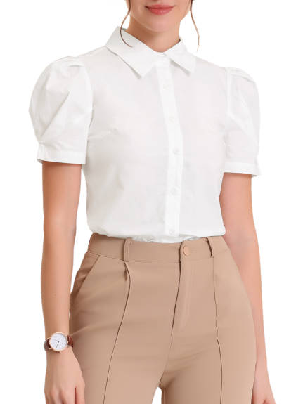 Allegra K - Puff Short Sleeve Office Cotton Shirt