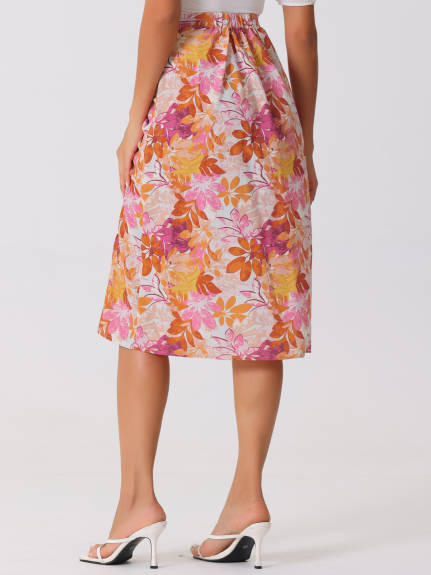 Allegra K- Flowy Ruched Front Floral Midi Skirt