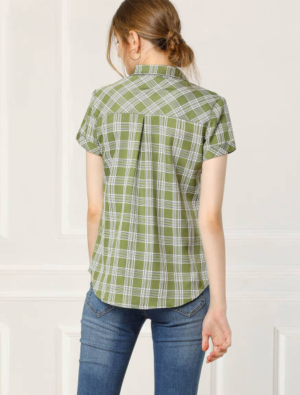 Allegra K- Cotton Short Sleeves Plaid Shirts