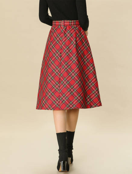 Allegra K- Plaid Tartan Belted A-Line Midi Skirt